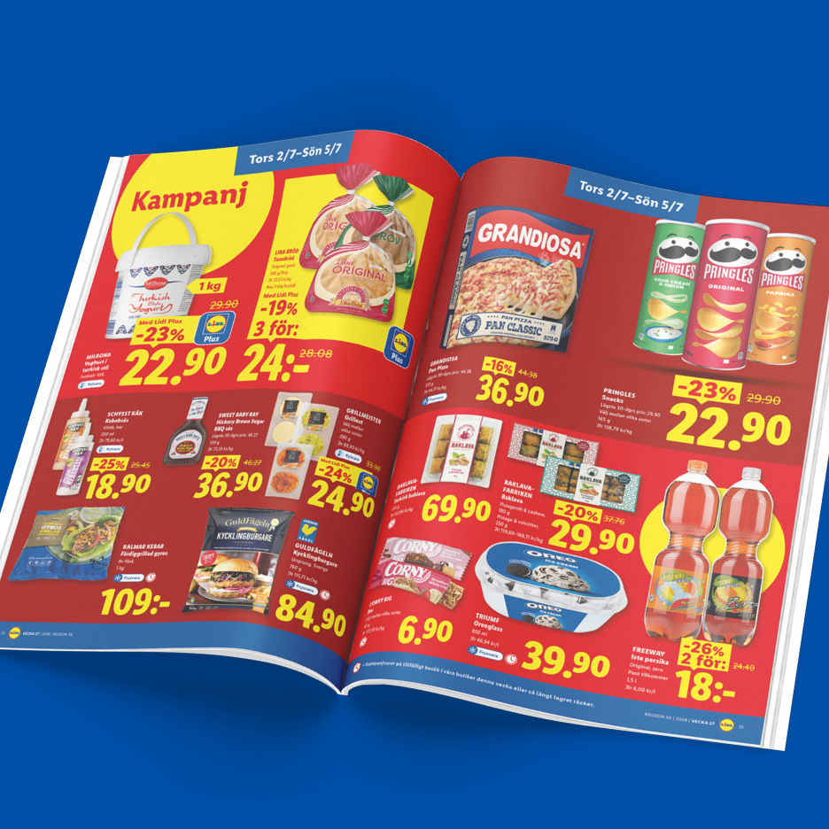 Lidl reklamblad med erbjudanden på yoghurt, bröd, pizza, chips, såser, grillost, baklava, müslibars, glass och iste.