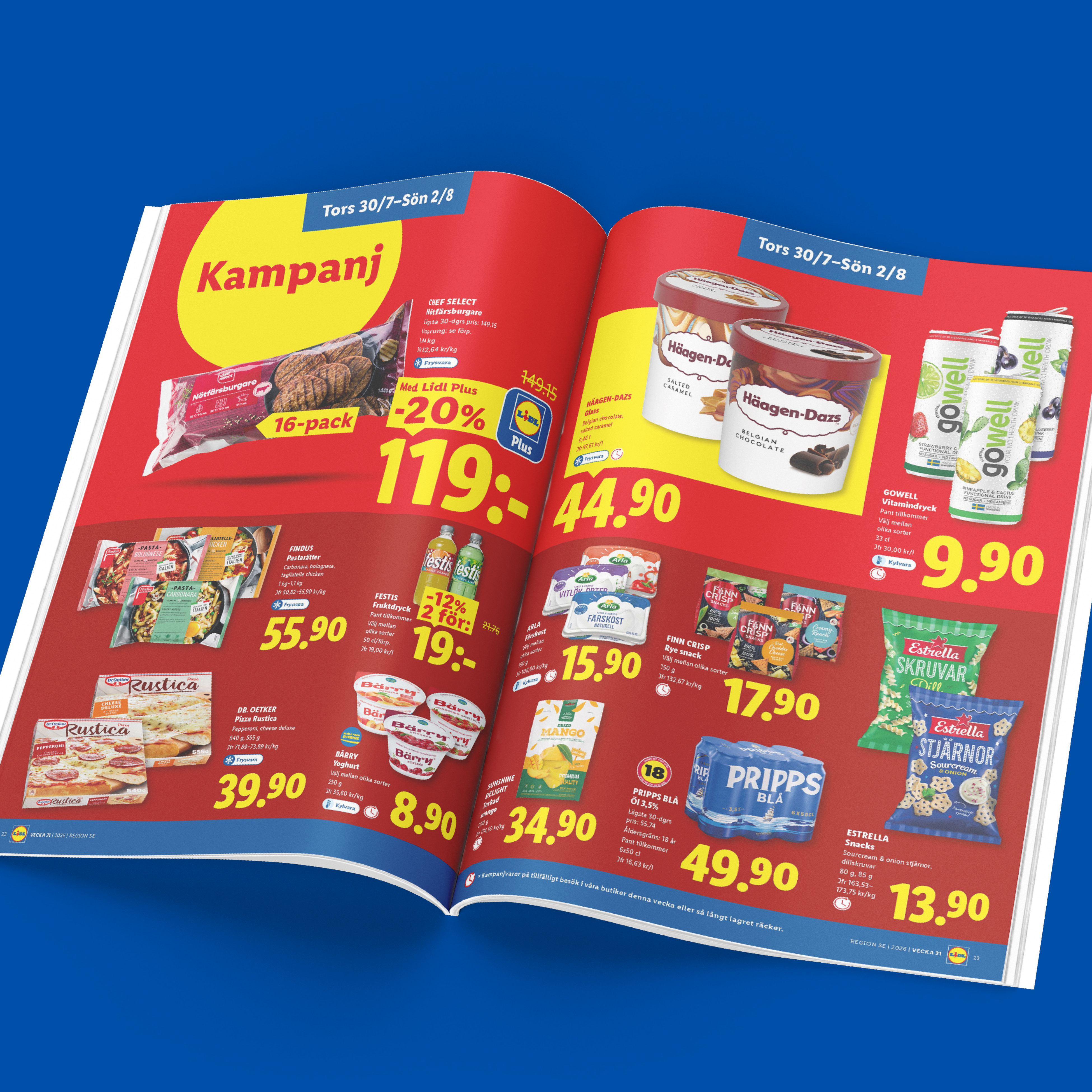 Ett reklamblad med erbjudanden på nötfärsburgare, glass, drycker, frysta rätter, pizza, yoghurt och snacks.
