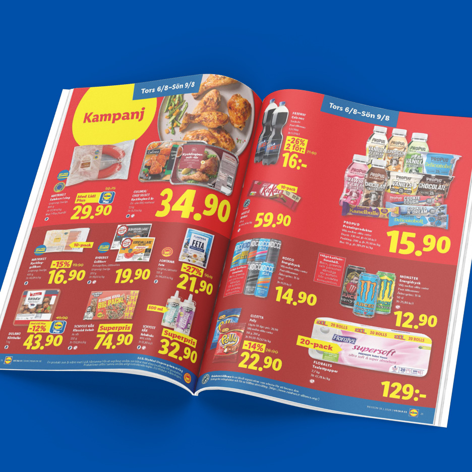 En reklambroschyr med erbjudanden på matvaror, drycker och hushållsprodukter.