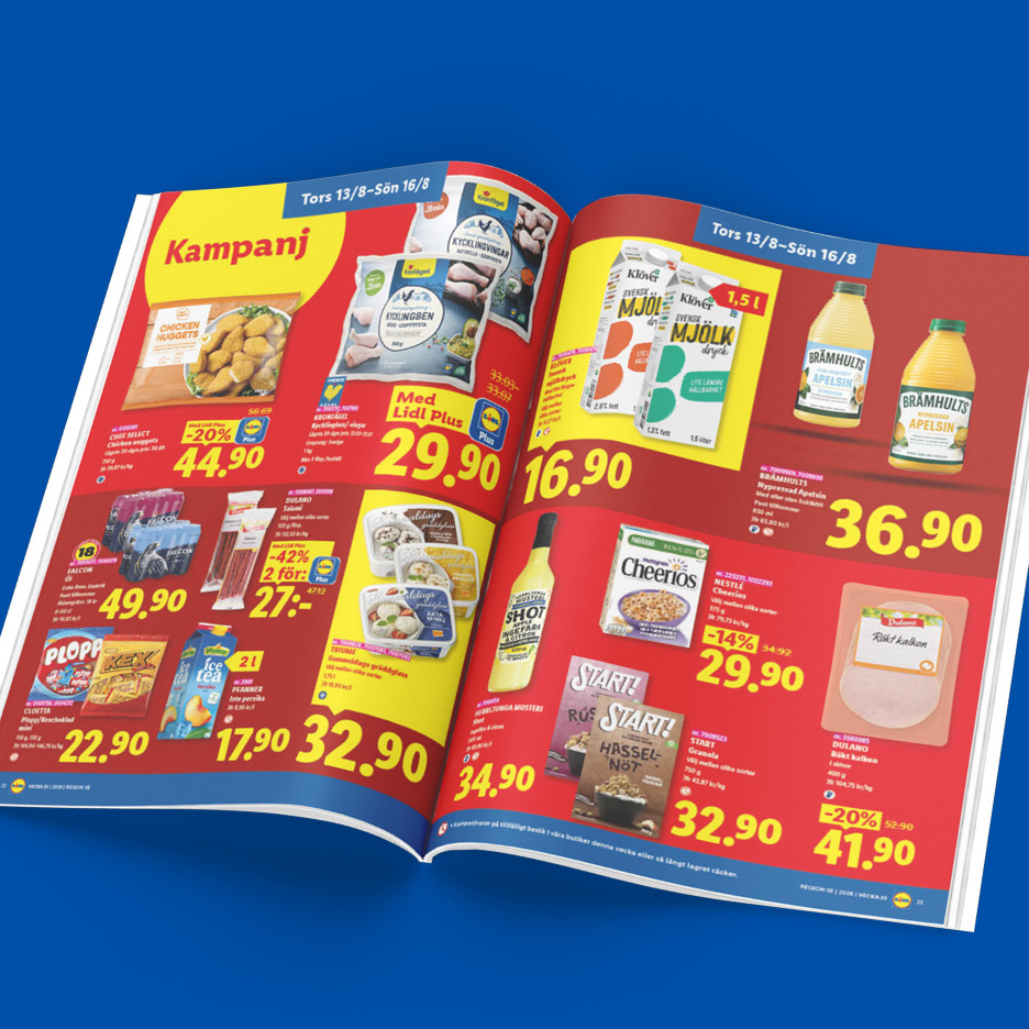 Lidl reklamblad med kampanjpriser på kycklingnuggets, kycklingvingar, mjölk och apelsinjuice.