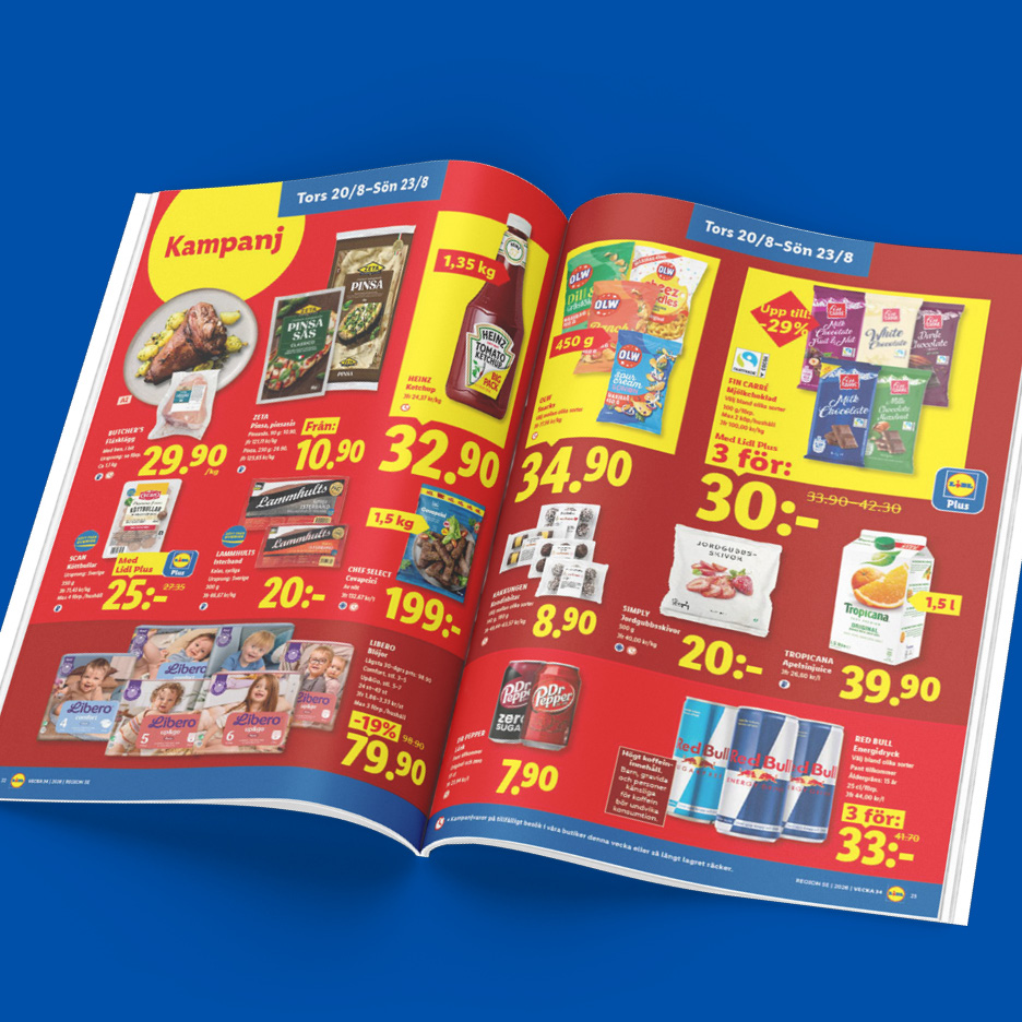 Ett reklamblad med erbjudanden på matvaror, snacks, drycker och blöjor.