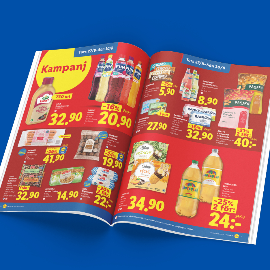 Ett reklamblad med erbjudanden på drycker, mejeriprodukter, nötter och frysta livsmedel.
