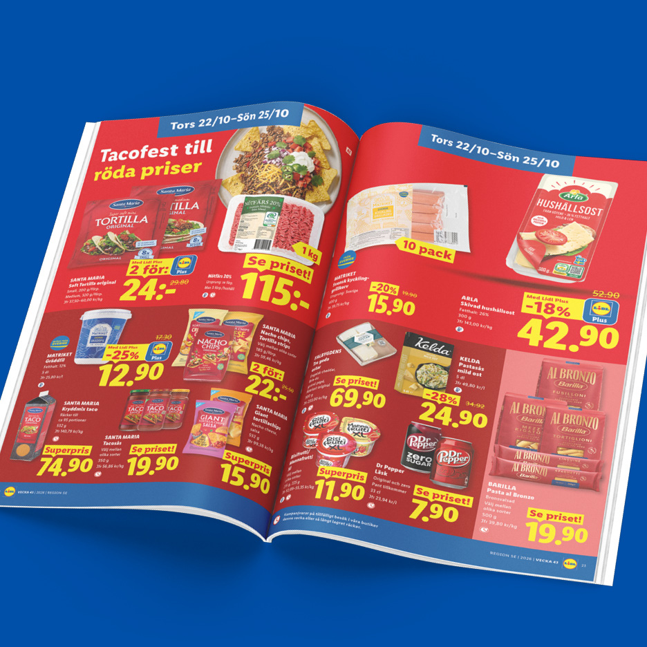 Ett reklamblad för tacofest med erbjudanden på köttfärs, tortillas, ost och pasta.