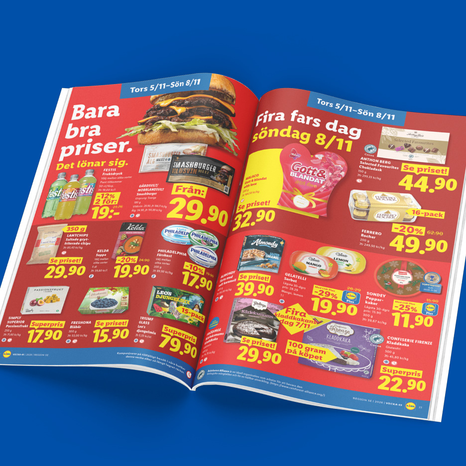 Ett reklamblad från en livsmedelsbutik med erbjudanden på hamburgare, godis och frysta bär.