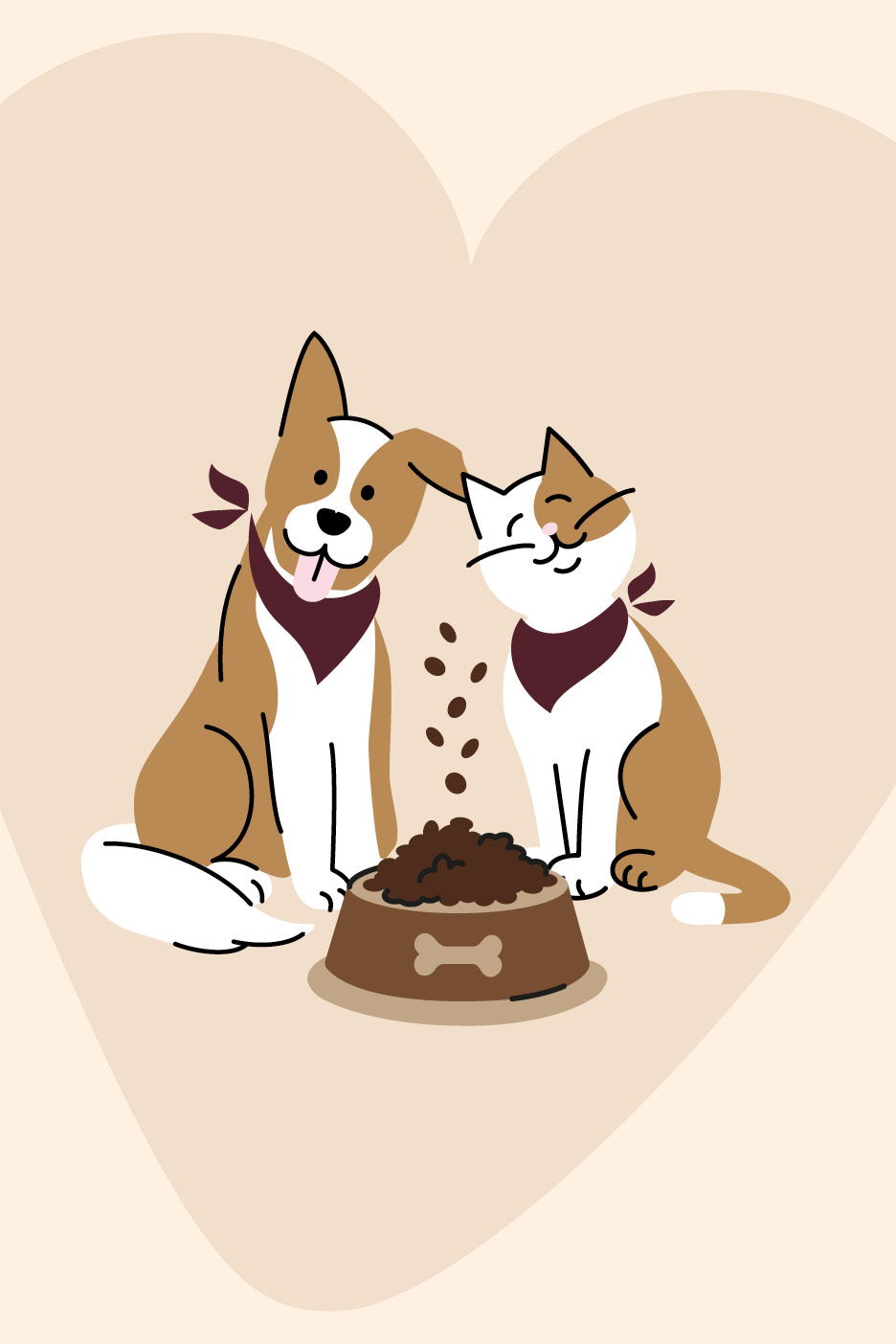 Illustration av en hund och en katt som sitter tillsammans vid en matskål.