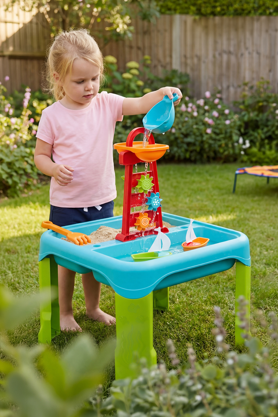 Flicka leker med ett sand- och vattenbord med vattenhjul och leksaksbåtar i en trädgård.