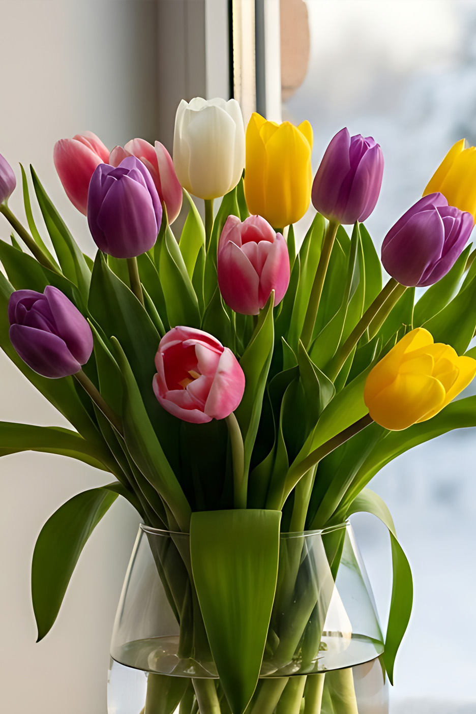 En bukett med färgglada tulpaner i en vas, med vita, gula, rosa och lila blommor.