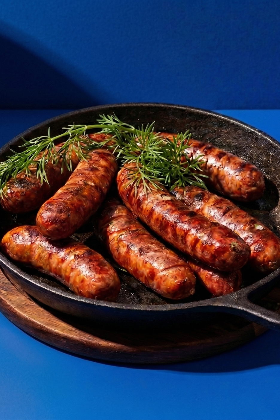 Grillade korvar med färsk dill i en gjutjärnspanna på en träskiva.