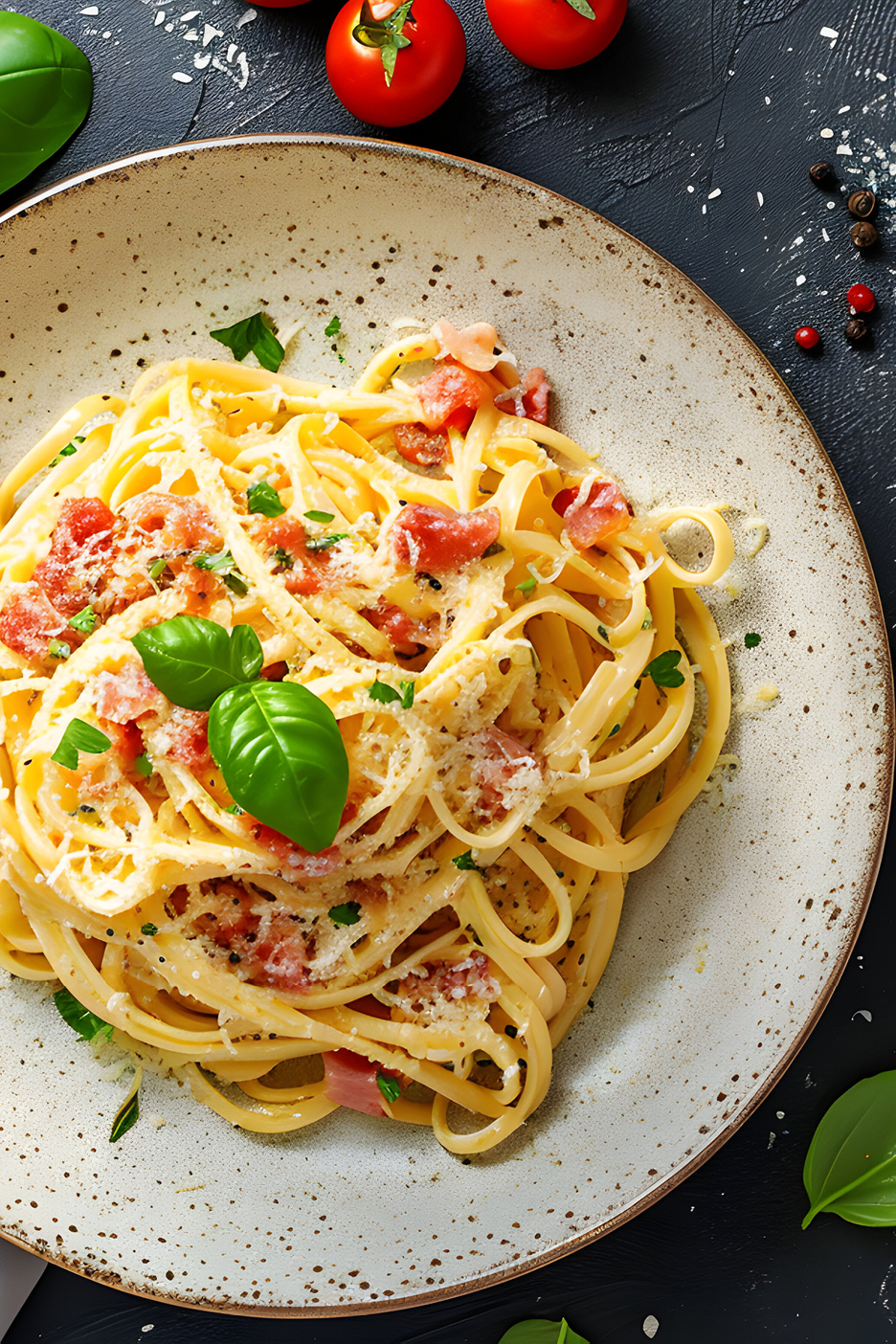 Färsk pasta med tomater, basilika och riven ost på en tallrik.