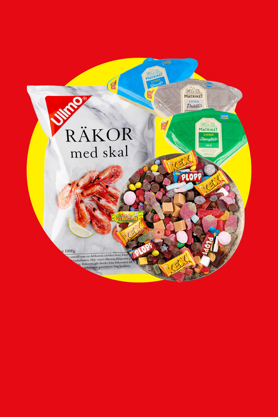 En påse räkor med skal, tre ostar och en skål med godis.