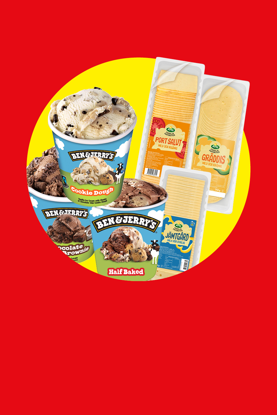 En samling glassförpackningar och förpackningar med skivad ost.