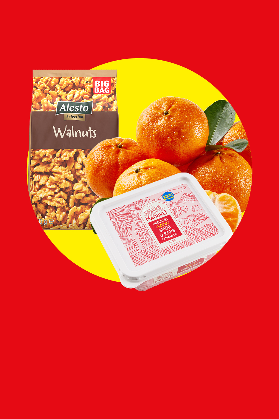 En påse valnötter, mandariner och ett paket smör och rapsolja på en gul cirkel mot röd bakgrund.