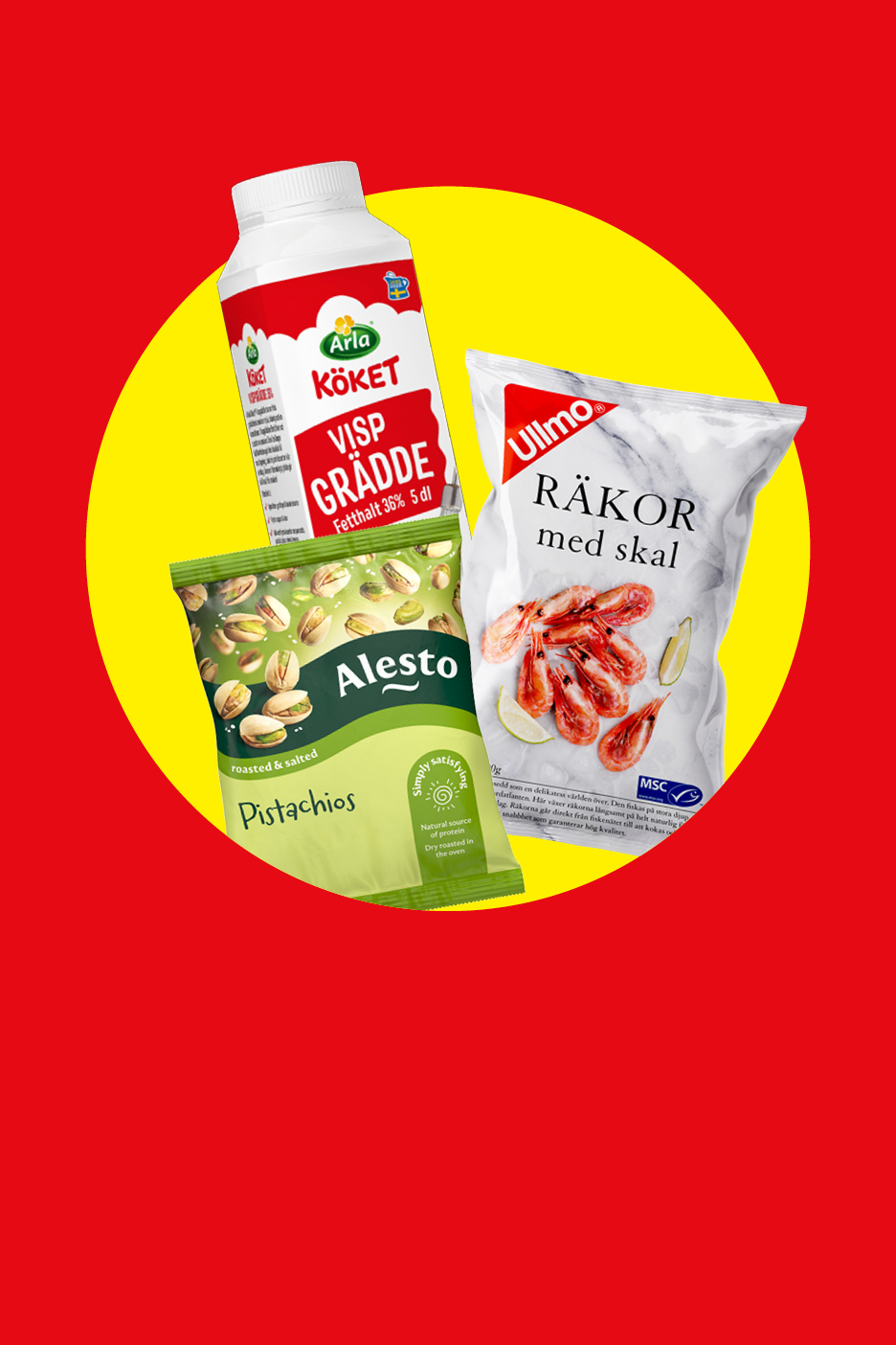 Vispgrädde, pistagenötter och räkor med skal på en gul cirkel mot röd bakgrund.