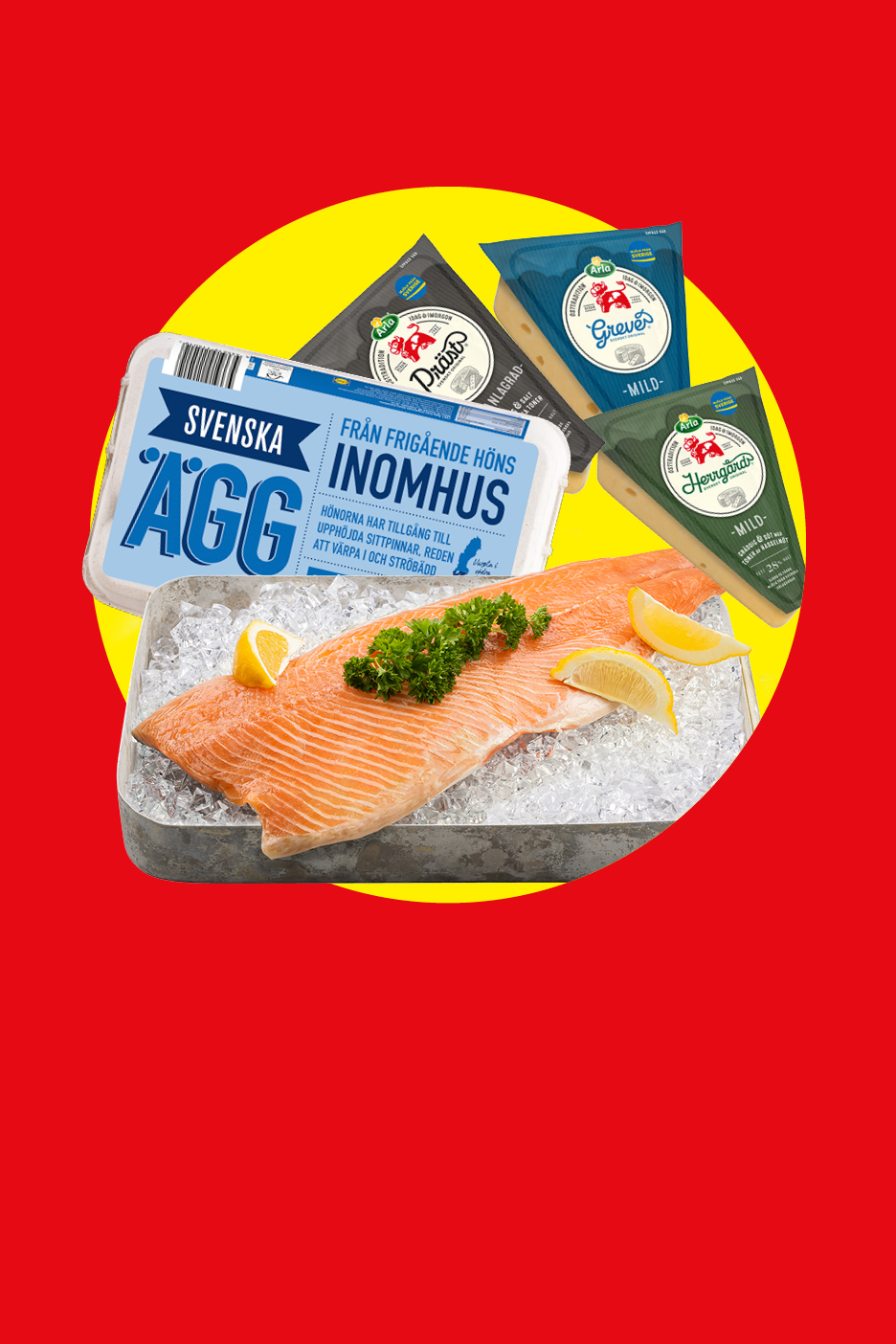 Swedish ägg, laxfilé på is med citron och persilja, samt tre ostar.