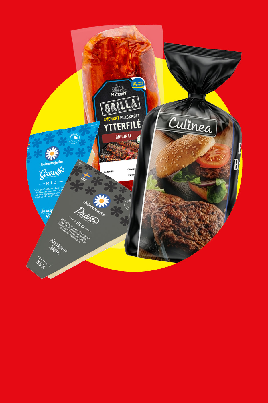 Förpackningar med grillat fläskkött, hamburgare och ostar.