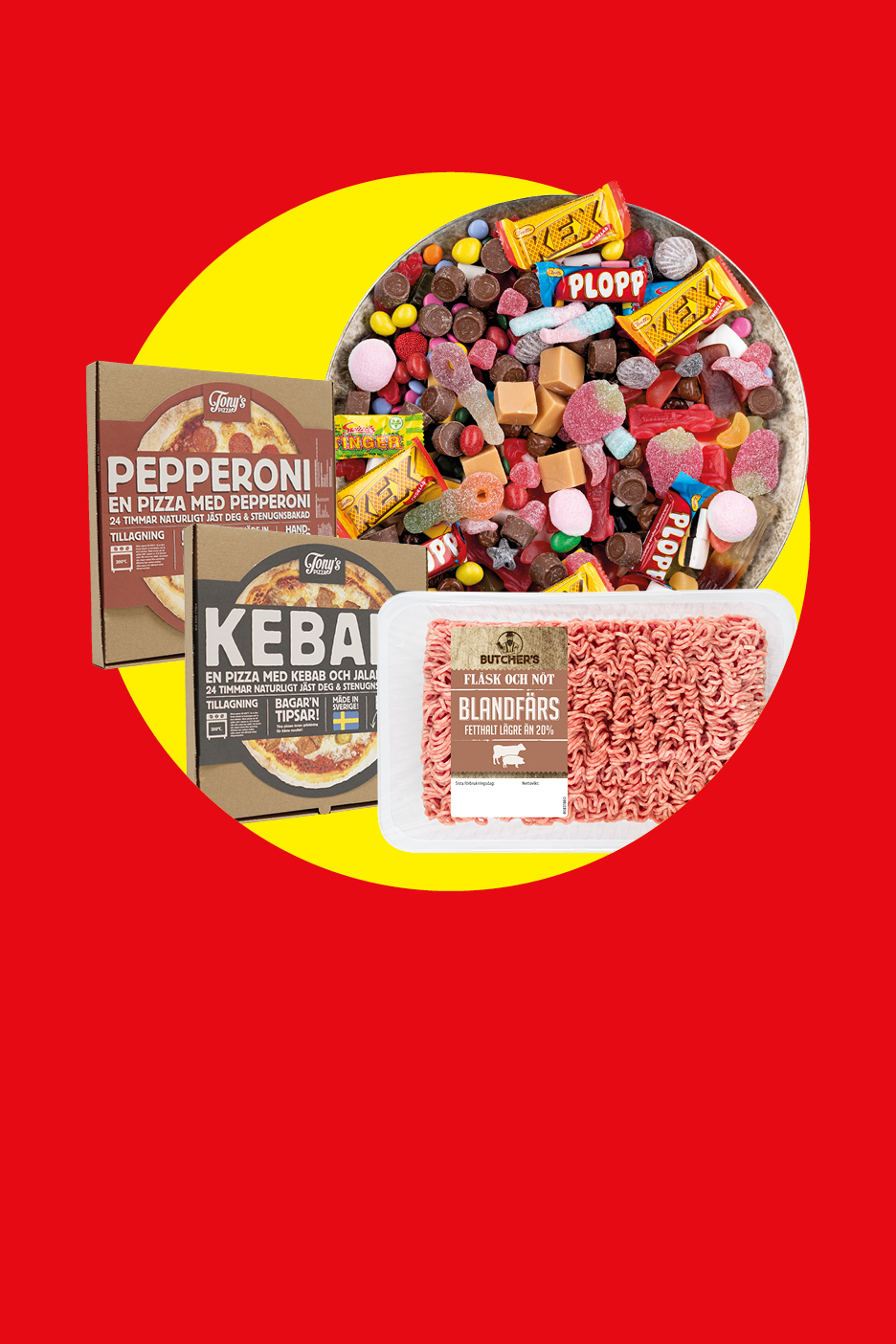 En skål med godis, två pizzor och en förpackning köttfärs.