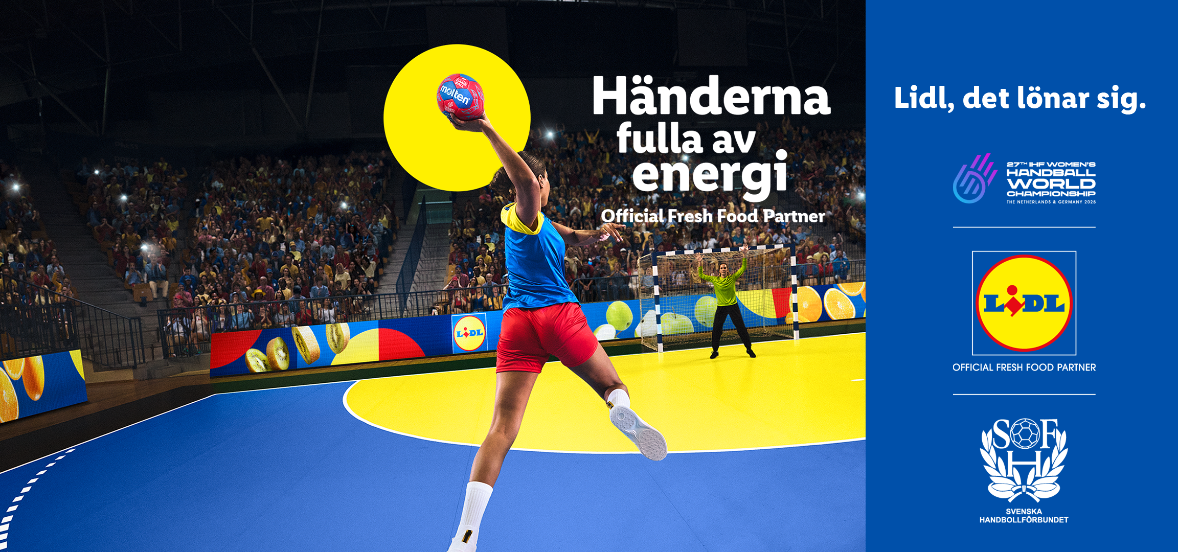 Handbollsspelare med en Molten-boll, texten 'Händerna fulla av energi' och Lidl-logotypen.