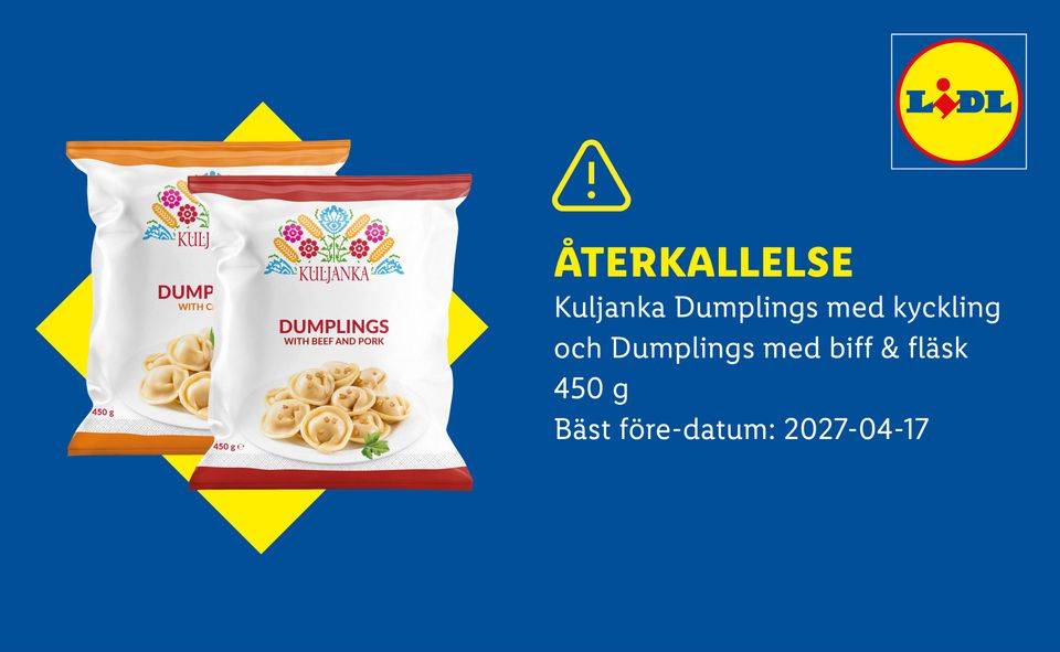 Återkallelse av dumplings med kyckling, biff och fläsk, 450 g, bäst före 2027-04-17.