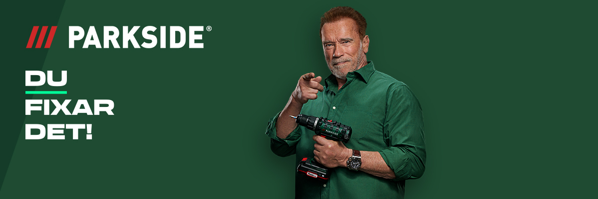 Arnold Schwarzenegger visar Parkside-verktyg: sladdlös borrmaskin.