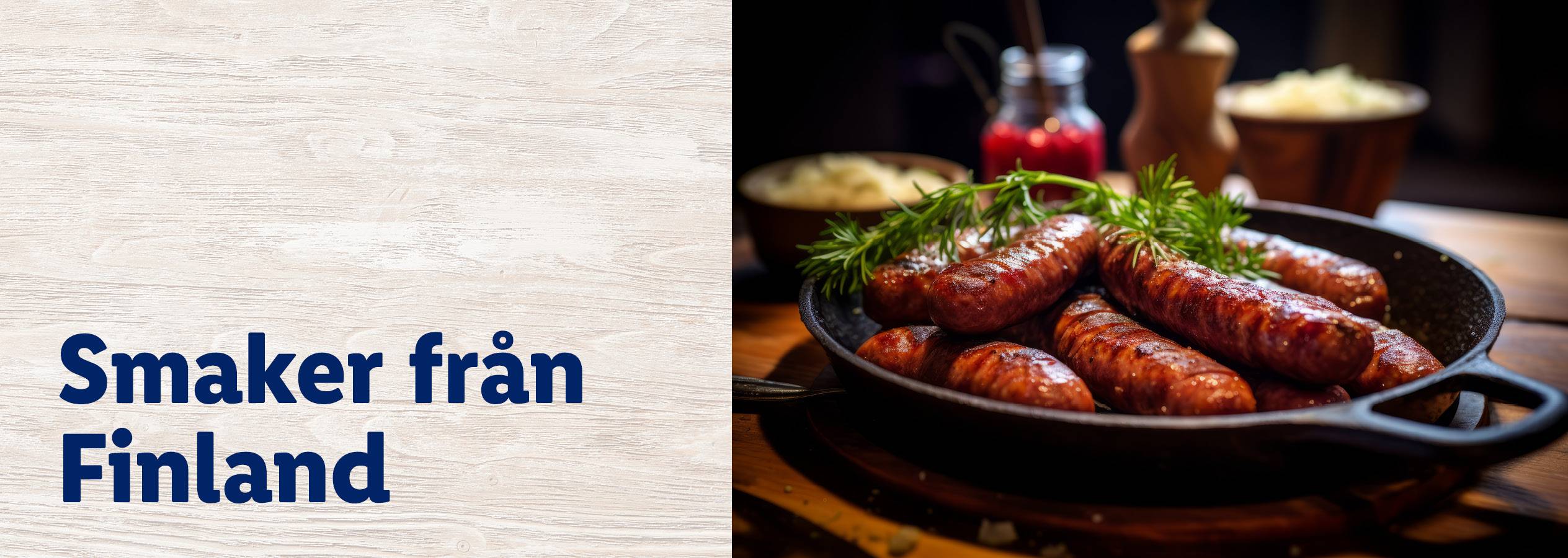 Stekta korvar i en gjutjärnspanna med texten 'Smaker från Finland'.