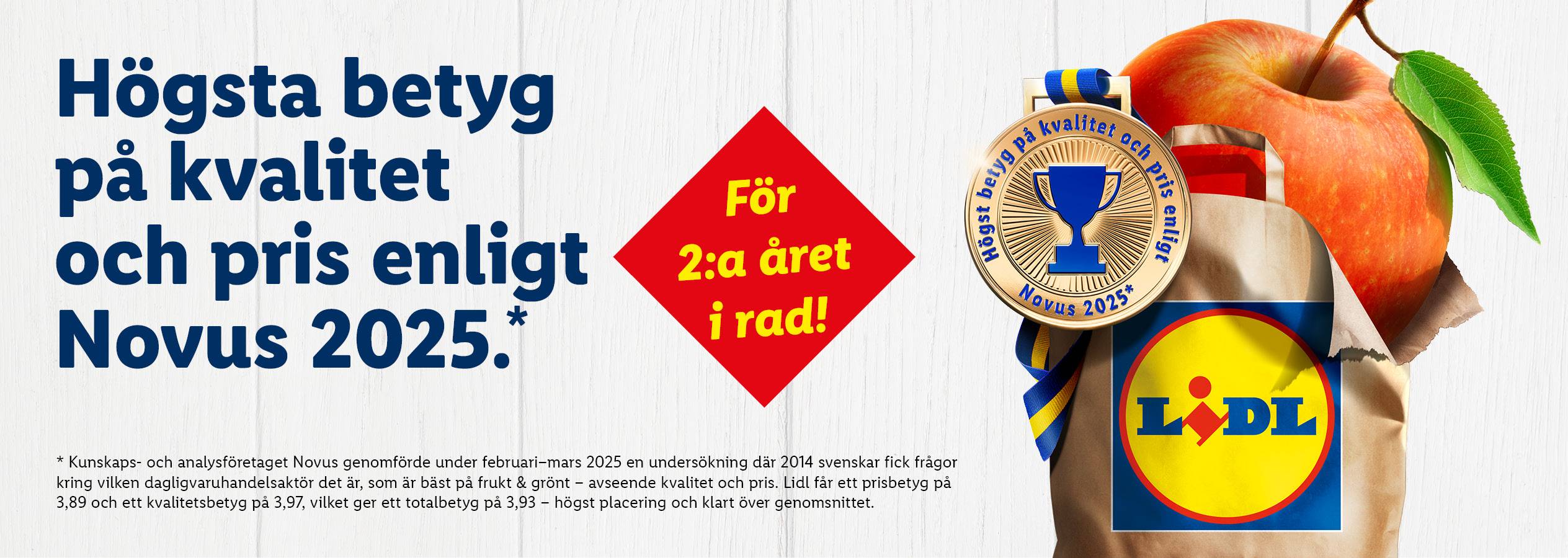 Lidl-reklam med texten 'Högsta betyg på kvalitet och pris enligt Novus 2025' och en medalj.