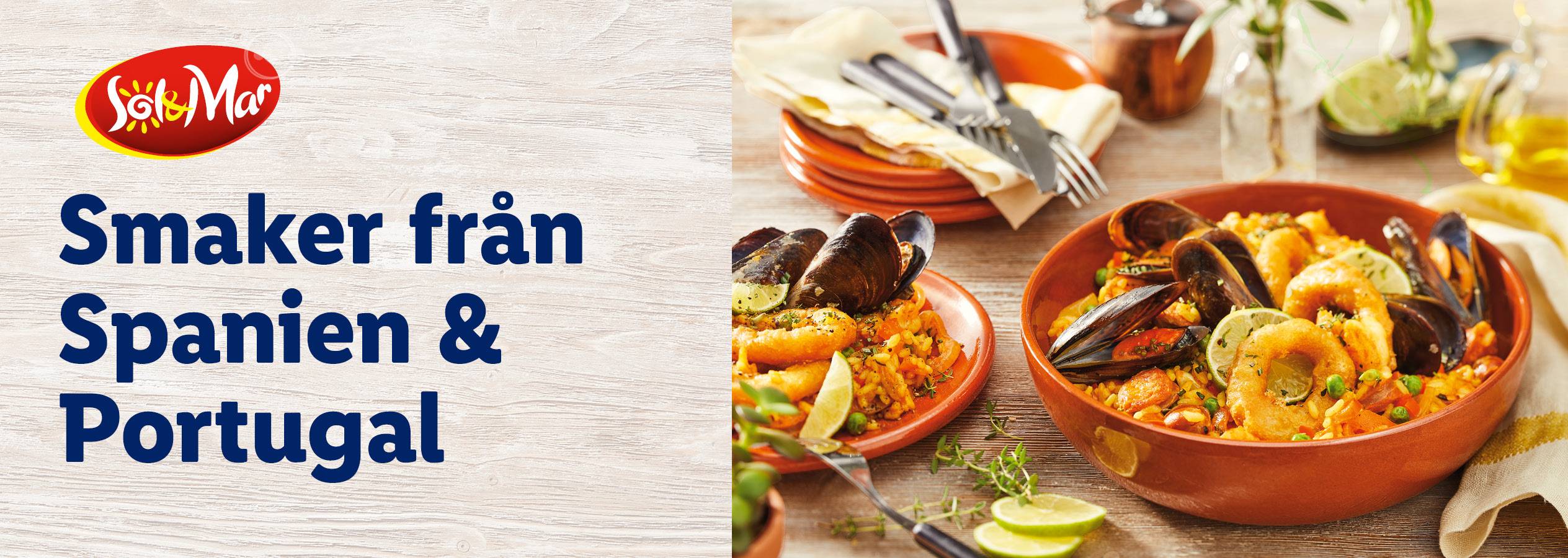 Sol & Mar-logotyp och texten 'Smaker från Spanien & Portugal' bredvid paella.