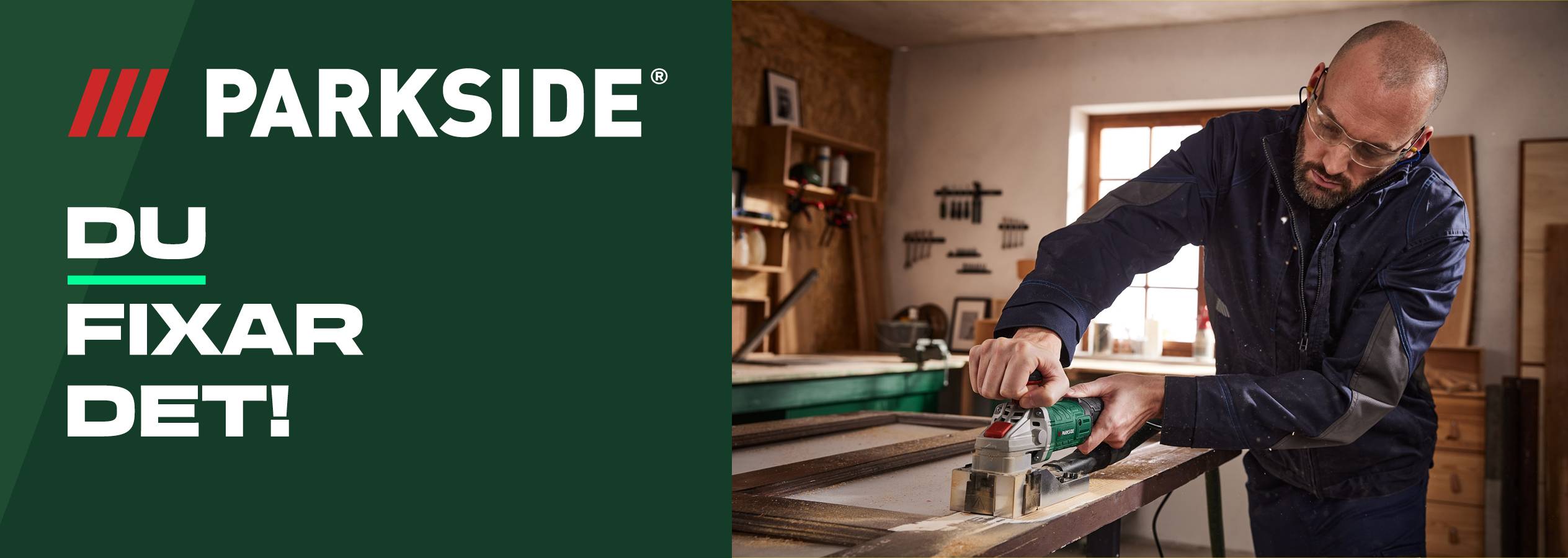 En man använder en Parkside-spårfräsmaskin för att arbeta med trä i sin verkstad.