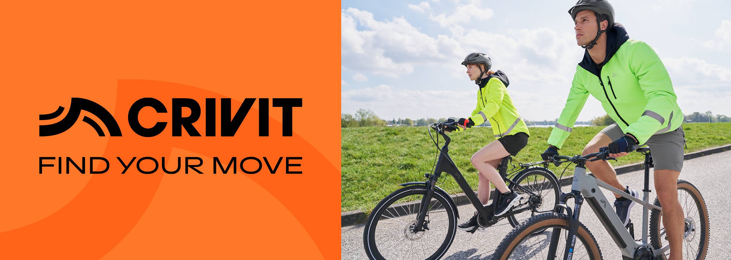 Två personer cyklar i Crivit-kläder, med texten 'FIND YOUR MOVE' på en orange bakgrund.