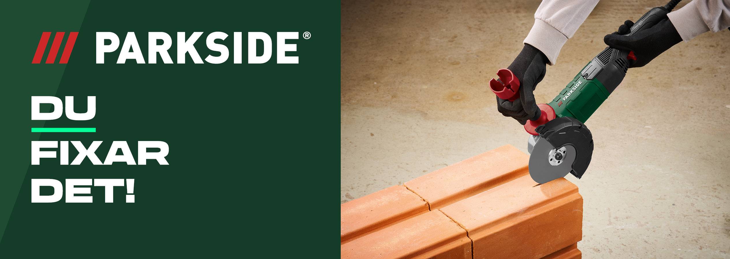 En person använder en Parkside vinkelslip för att kapa tegelstenar.