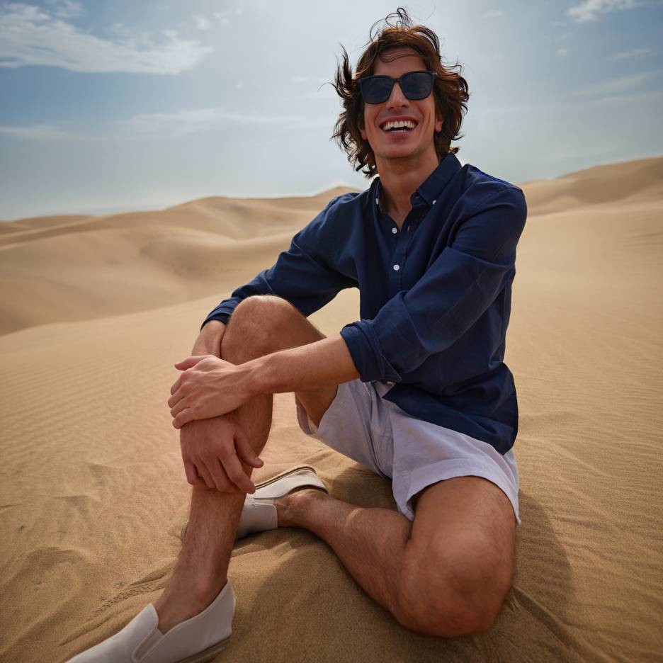 Leende man i blå skjorta och shorts, sittande på sanddyner.