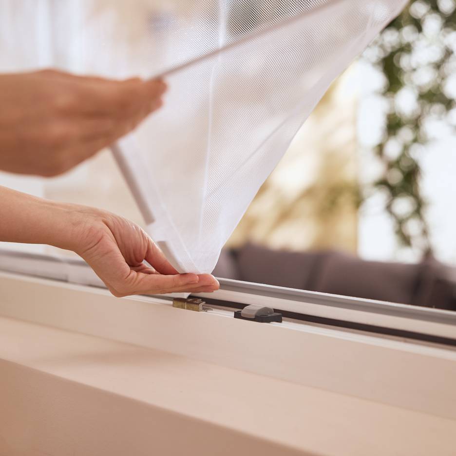 Händer installerar ett vitt myggnät på ett fönster