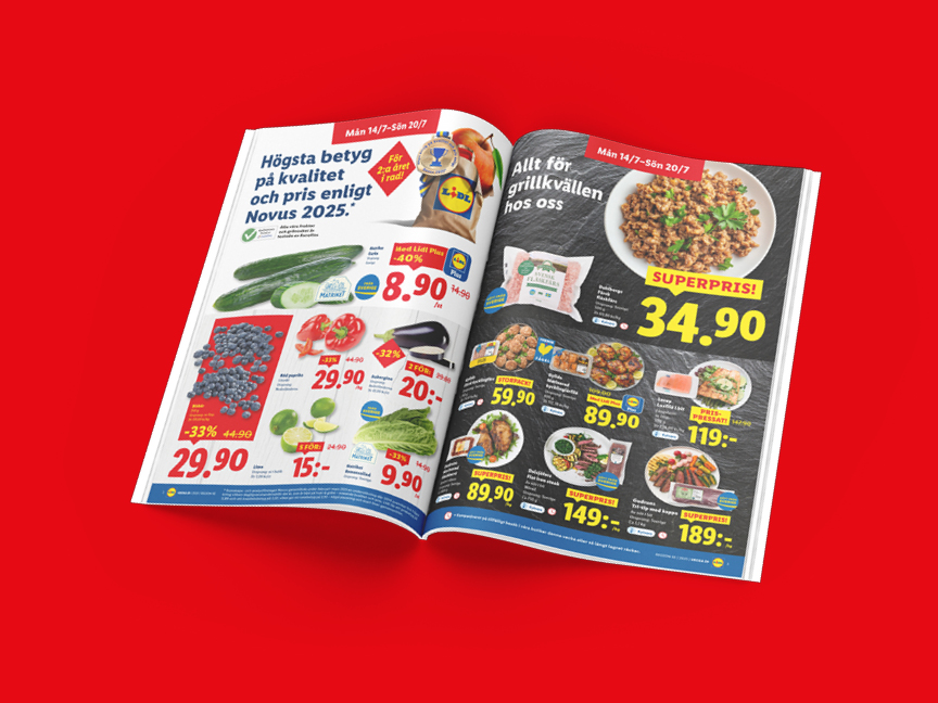 Lidl-reklamblad visar grillmat, grönsaker och bär till låga priser.