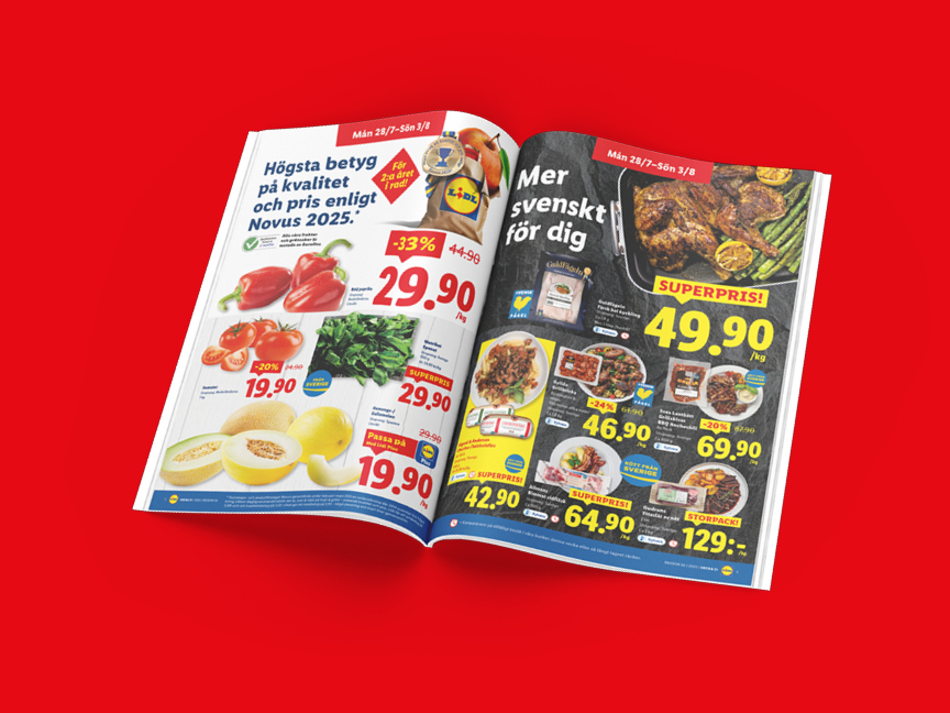 Lidl-reklamblad visar lägre priser på frukt, grönsaker, kött och andra livsmedel.