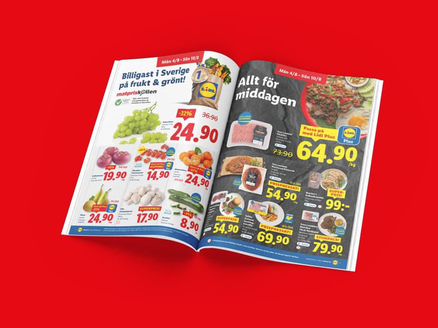 Lidl-reklamblad visar billiga priser på frukt, grönt och middagsmat.