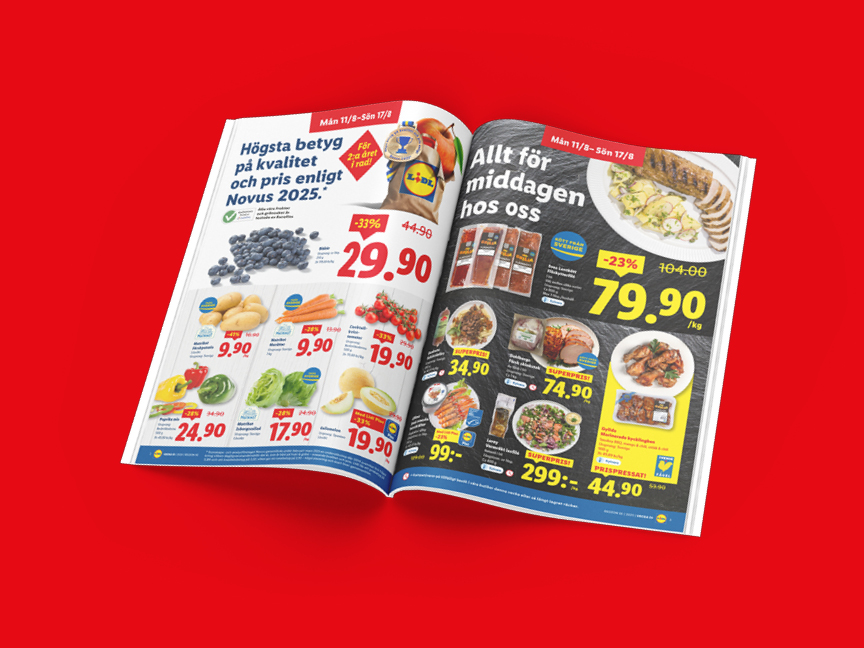 Lidl-reklamblad visar lägre priser på frukt, grönsaker, kött och färdiga middagar.