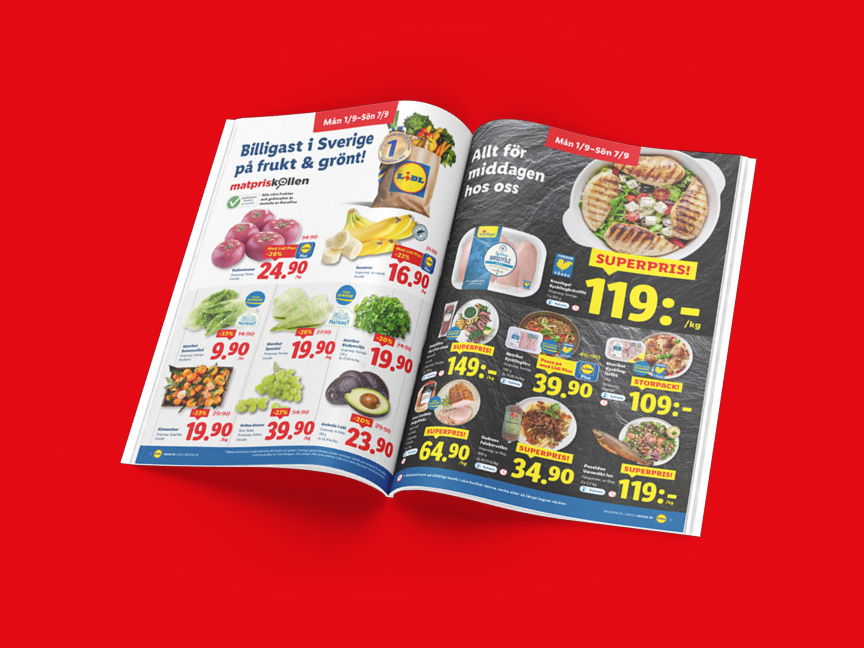 Lidl-reklam med frukt, grönsaker och middagsmat.