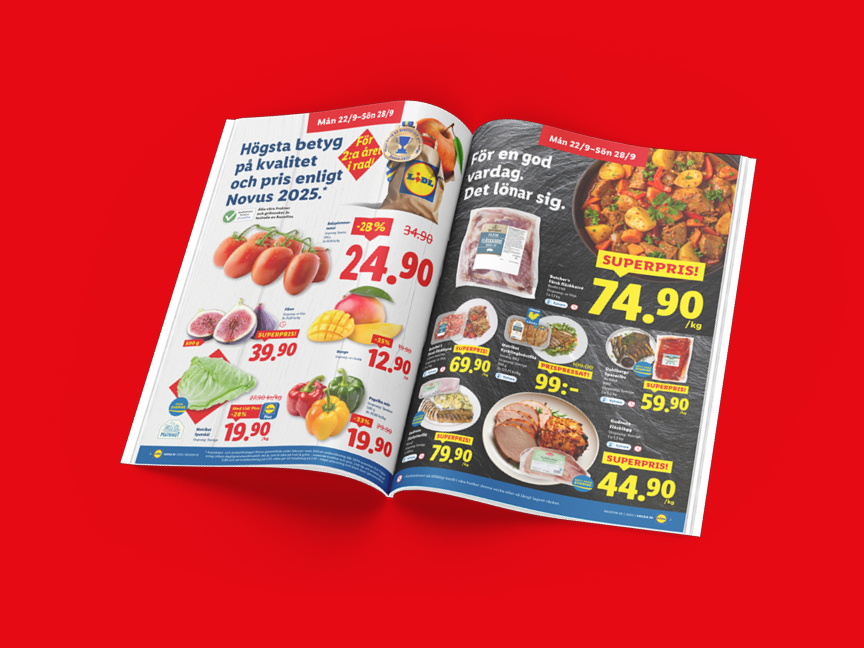 Lidl-reklamblad med erbjudanden på tomater, fikon, mango, sallad, paprika, kött och färdigrätter.