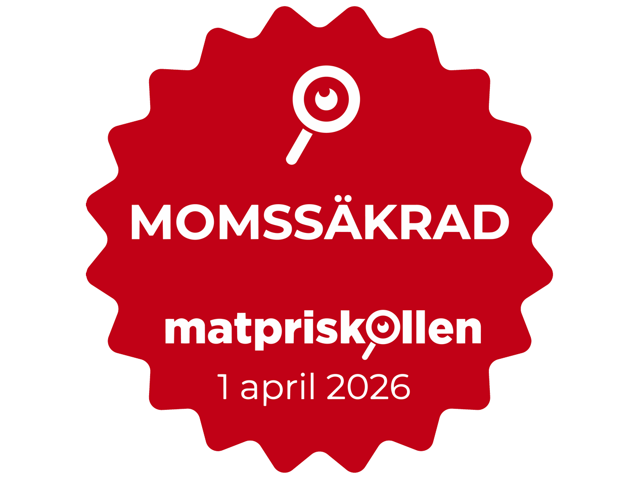 Röd stjärnformad etikett med texten 'MOMSSÄKRAD matpriskollen 1 april 2026' och en förstoringsglasikon.