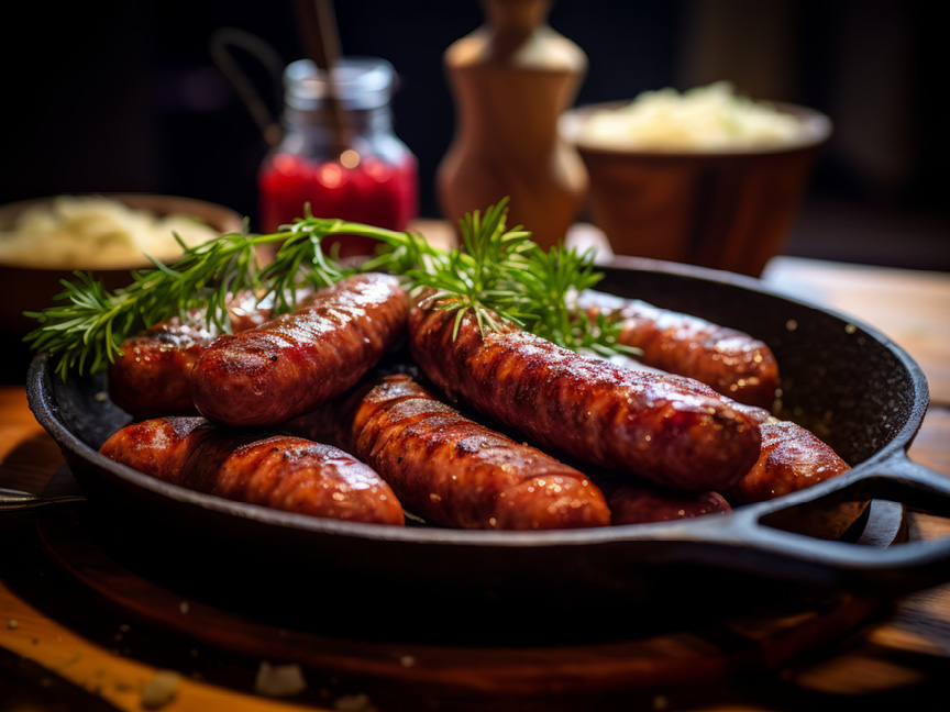 Grillade korvar med rosmarin i en gjutjärnspanna, med tillbehör i bakgrunden.