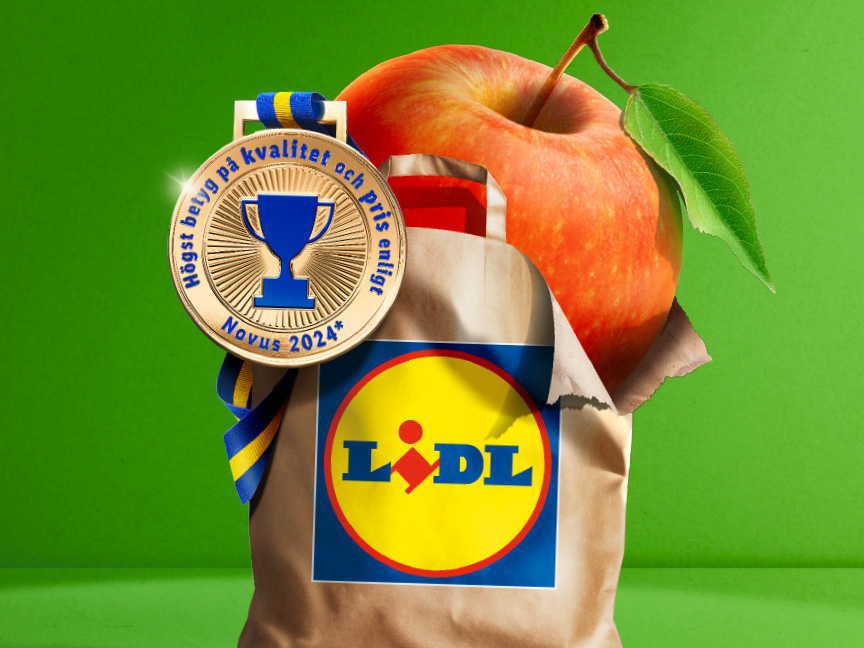 LIDL-kasse med ett äpple och en guldmedalj från Novus 2024.