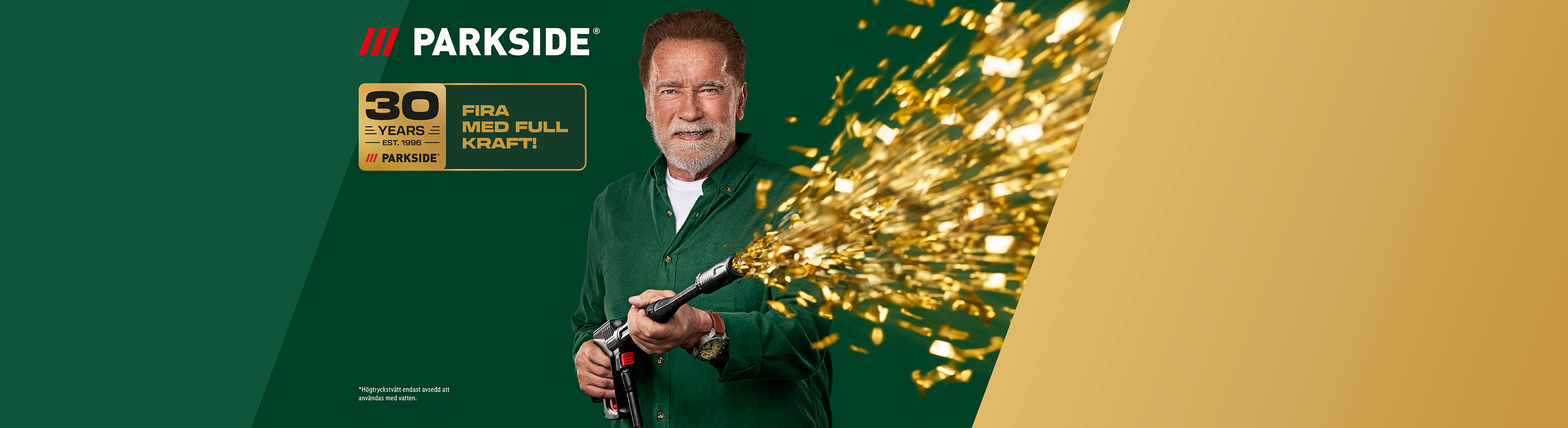 Arnold Schwarzenegger firar 30 år med en högtryckstvätt som sprutar konfetti.