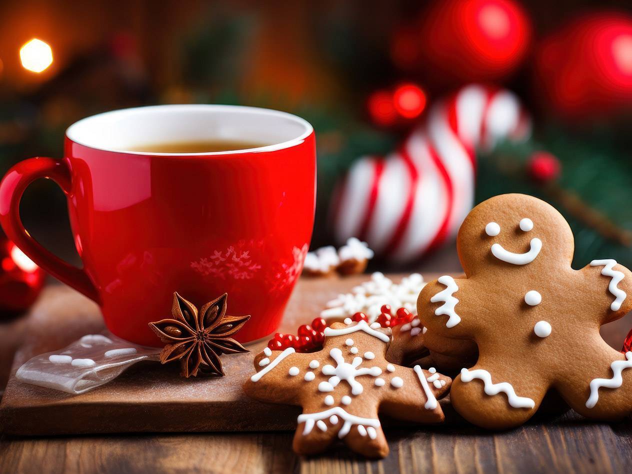 Röd mugg med te, pepparkakor och juldekorationer på ett träbord.