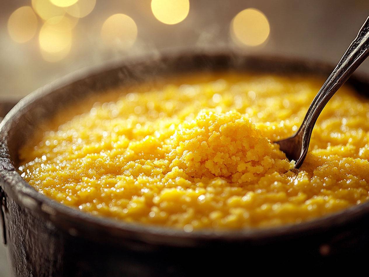 En sked i en skål med ångande, gult couscous eller polenta.