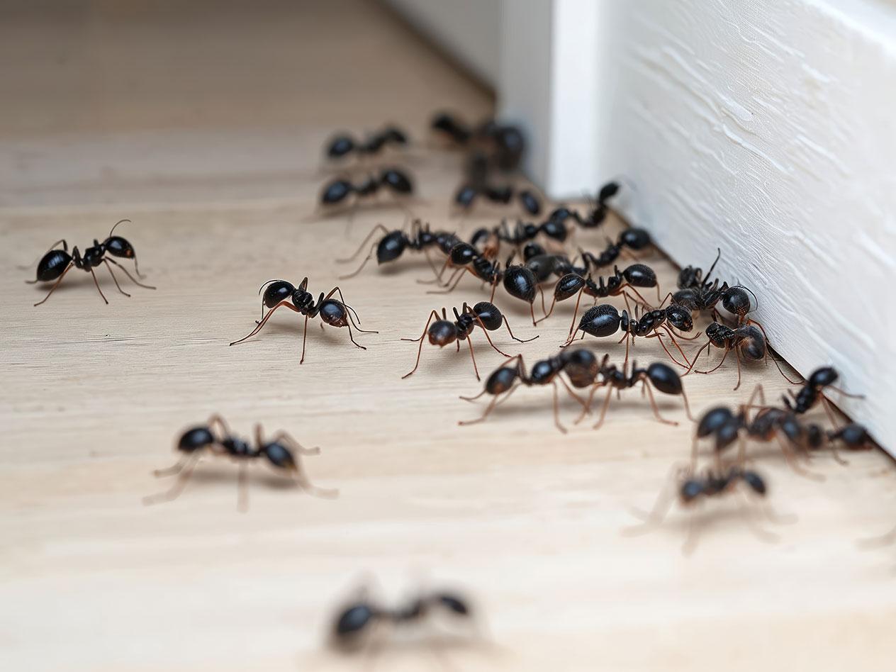 En grupp svarta myror kryper på ett ljust trägolv nära en vit vägglist.