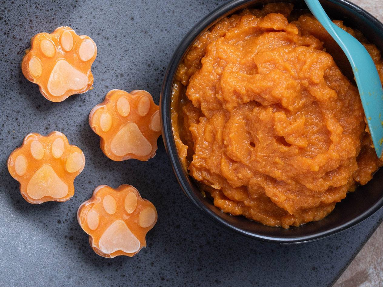 Frysta pumpapurétassar och en skål med pumpapuré med en sked.