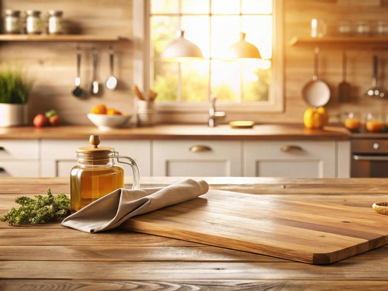 Skärbräda och oljekanna på ett träbord i ett soligt kök.