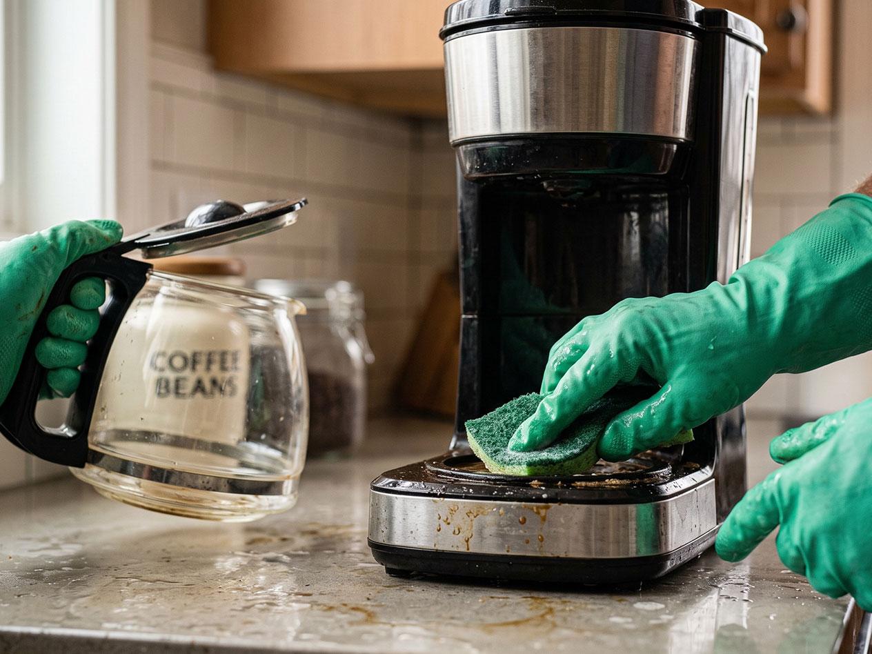 Händer i gröna handskar rengör en kaffebryggare och en kaffekanna med texten 'COFFEE BEANS'.