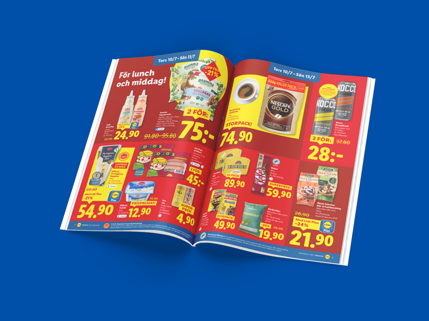 Lidl-reklamblad visar erbjudanden på Nescafé Gold, NoCCO, och andra matvaror.