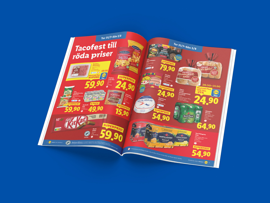 Lidl-reklamblad med taco-tema visar KitKat, Heineken, San Pellegrino och andra varor till rabatterade priser.