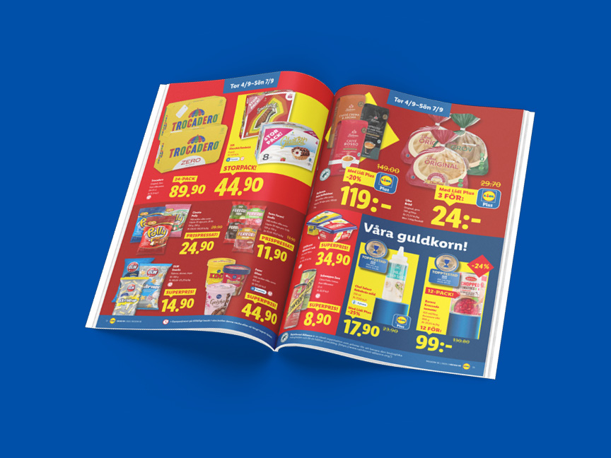 En Lidl-reklamfolder med erbjudanden på drycker, snacks, kaffe och matvaror.